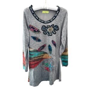 HHG Gray Wool Blend Embellished Boho Patchwork Sweater Tunic Artsy Knit | Medium